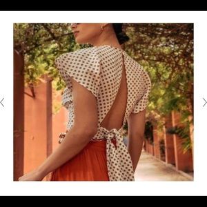 Zara linen Tied Polka-Dot Top with mustard dots, size L